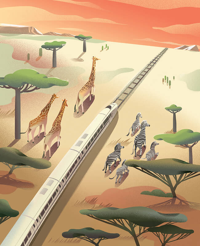 Chinese investment in Africa: A railroad through a plain full of African wildlife