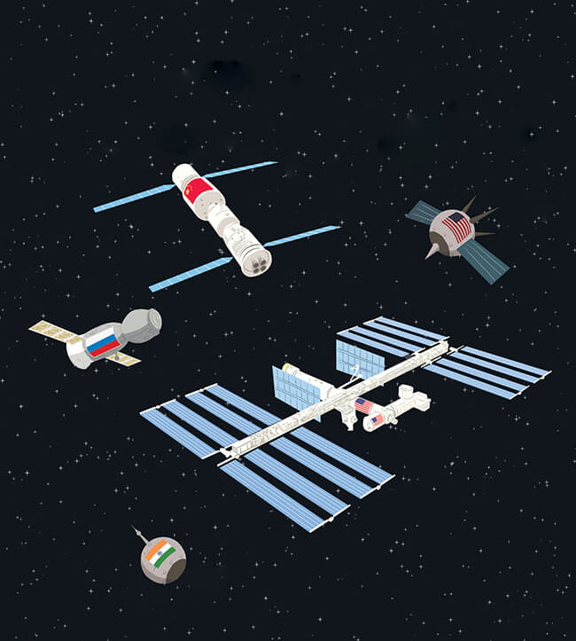 Space industry illustration showing space ships from several countries, including China.