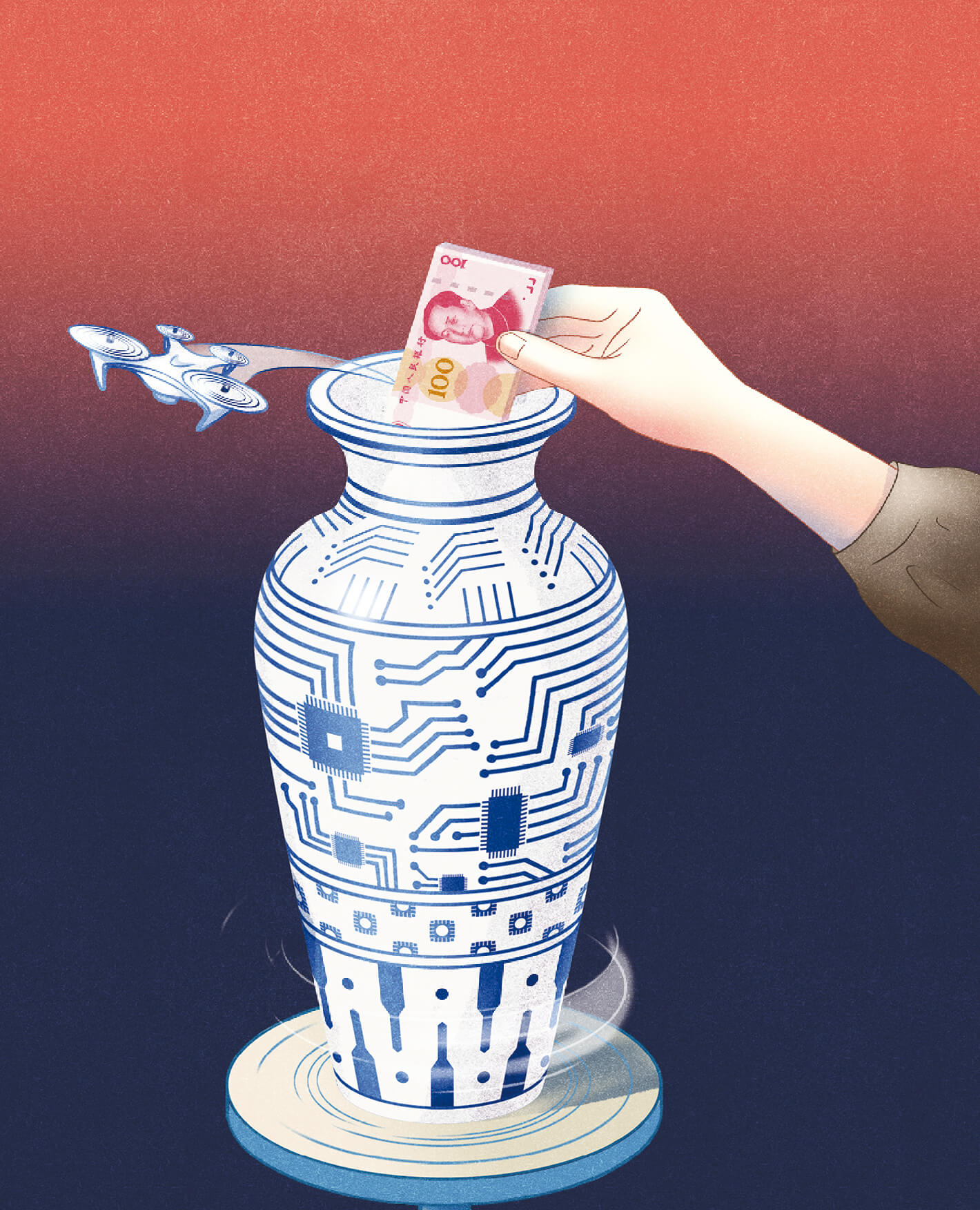 illustration of money being put into a Chinese vase