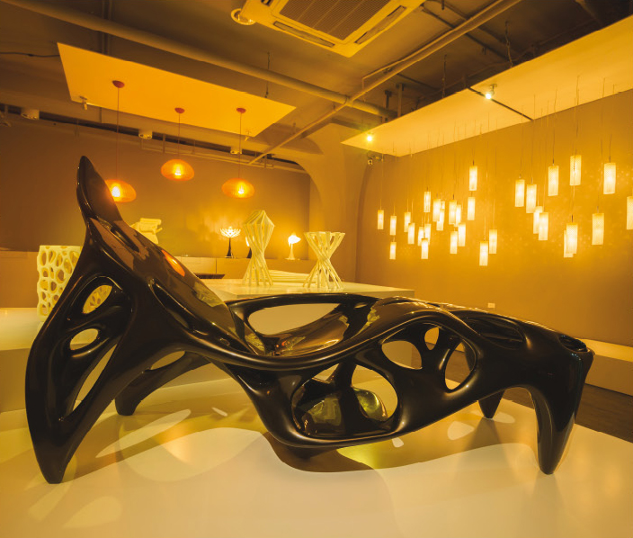 A lounge chair produced by a 3D printer at a 2013 materialise exhibit in Shanghai