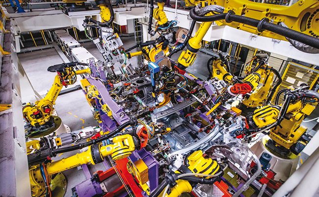 Automated factory: Robots assembling cars