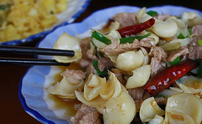Yunnan stir-fry of chilies, lamb, lily-bulbs and lemon grass.