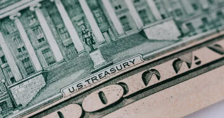 The US Treasury building engraved on the reverse of a ten dollar bill
