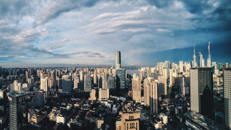 Shanghai skyline at dusk, looking east across Puxi to the Pudong financial district