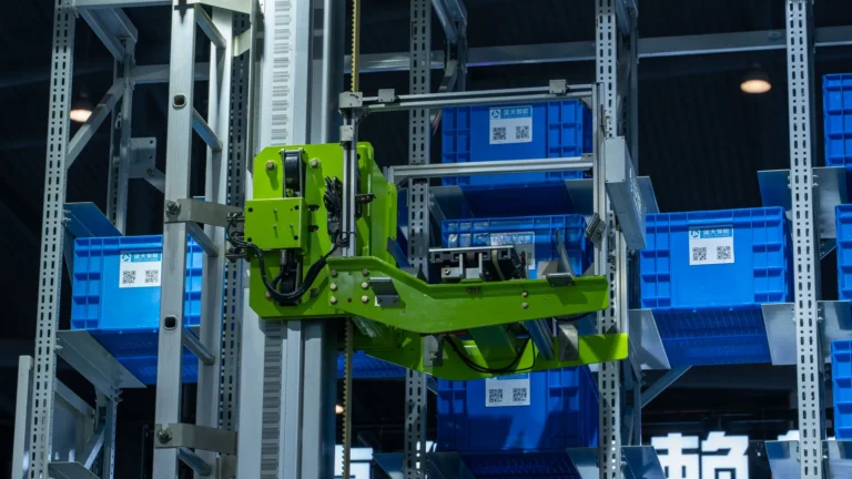 Green robotic handling equipment among blue storage crates in an automated warehouse