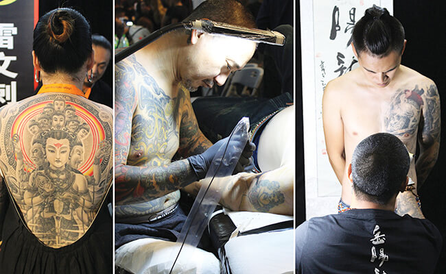 Visitors get tattoos at the Tattoo Extreme Expo in Shanghai
