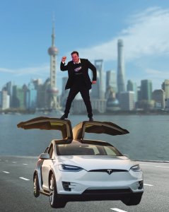 Photo of Elon Musk on top of two Tesla cars in Shanghai, illustrating the Tesla sales model for China